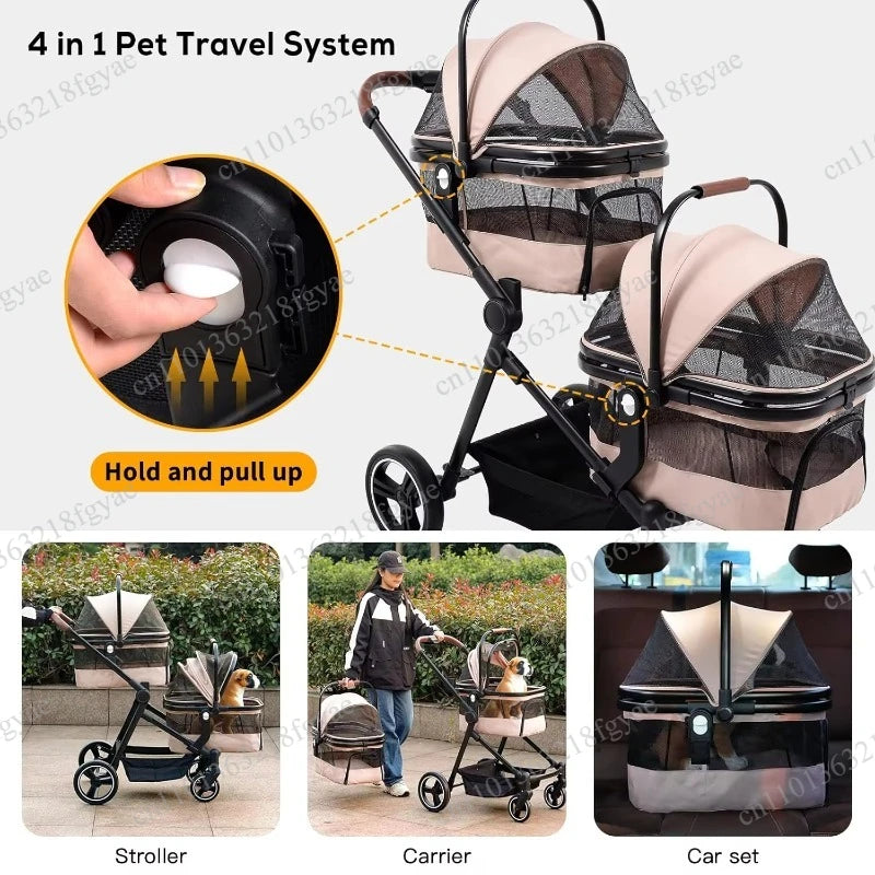 Lightweight Foldable Double Pet Stroller, Detachable Single/Double Carrier for Small & Medium Dogs Cats, Portable for Car Travel