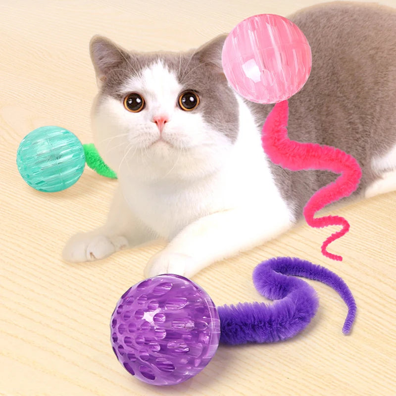 3-Pack Bouncing Caterpillar Cat Toy Wands — Bite-Resistant Rubber Ball with Tail for Kittens