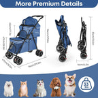 Double Pet Stroller for 2 Dogs or Cats, Lightweight Folding, 4 Lockable Wheels, Navy Blue