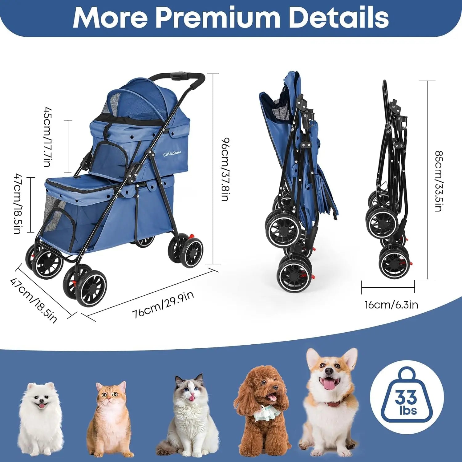 Double Pet Stroller for 2 Dogs or Cats, Lightweight Folding, 4 Lockable Wheels, Navy Blue