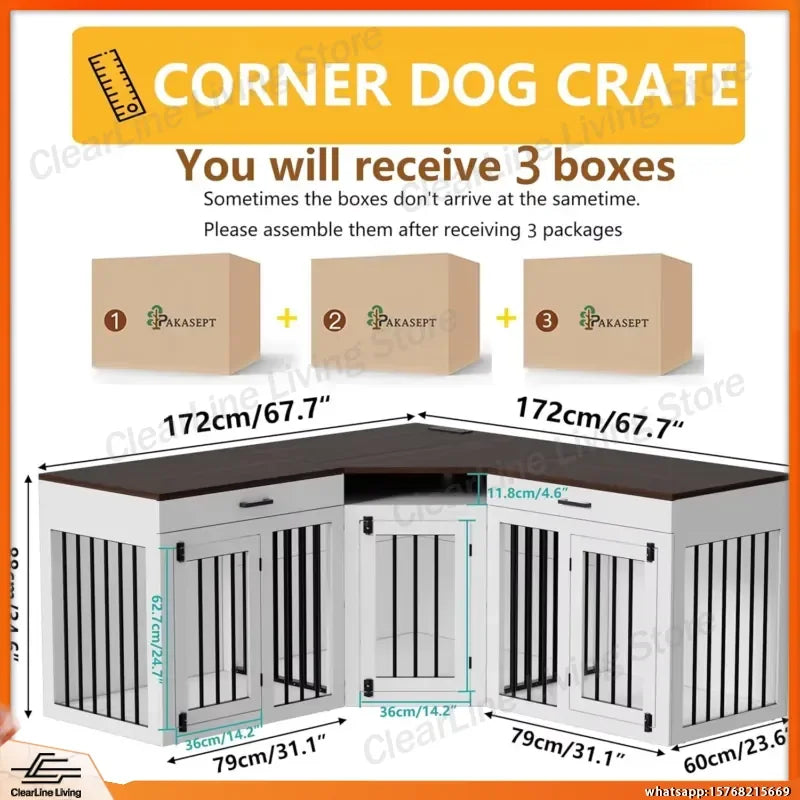 Heavy-Duty Wooden Dog Crate Furniture with Storage Drawers & Power Outlet