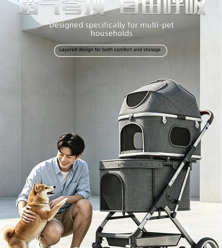 Double Layer Pet Stroller, Foldable Lightweight Dog Cat Carrier for Outdoor Travel, Portable Pet Carriage