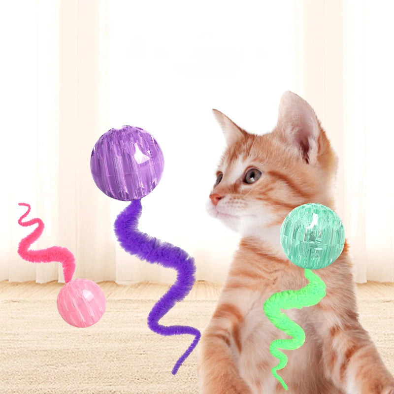 3-Pack Bouncing Caterpillar Cat Toy Wands — Bite-Resistant Rubber Ball with Tail for Kittens