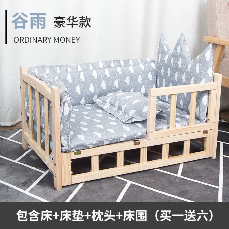 Elevated Solid Wood Pet Bed, All-Season Washable Cover