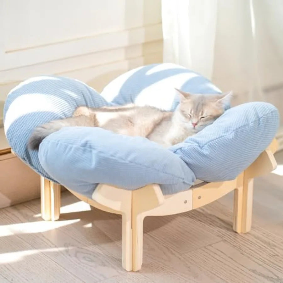 Elevated Wooden Cat Bed with Cushion for Indoor Cats & Small Dogs