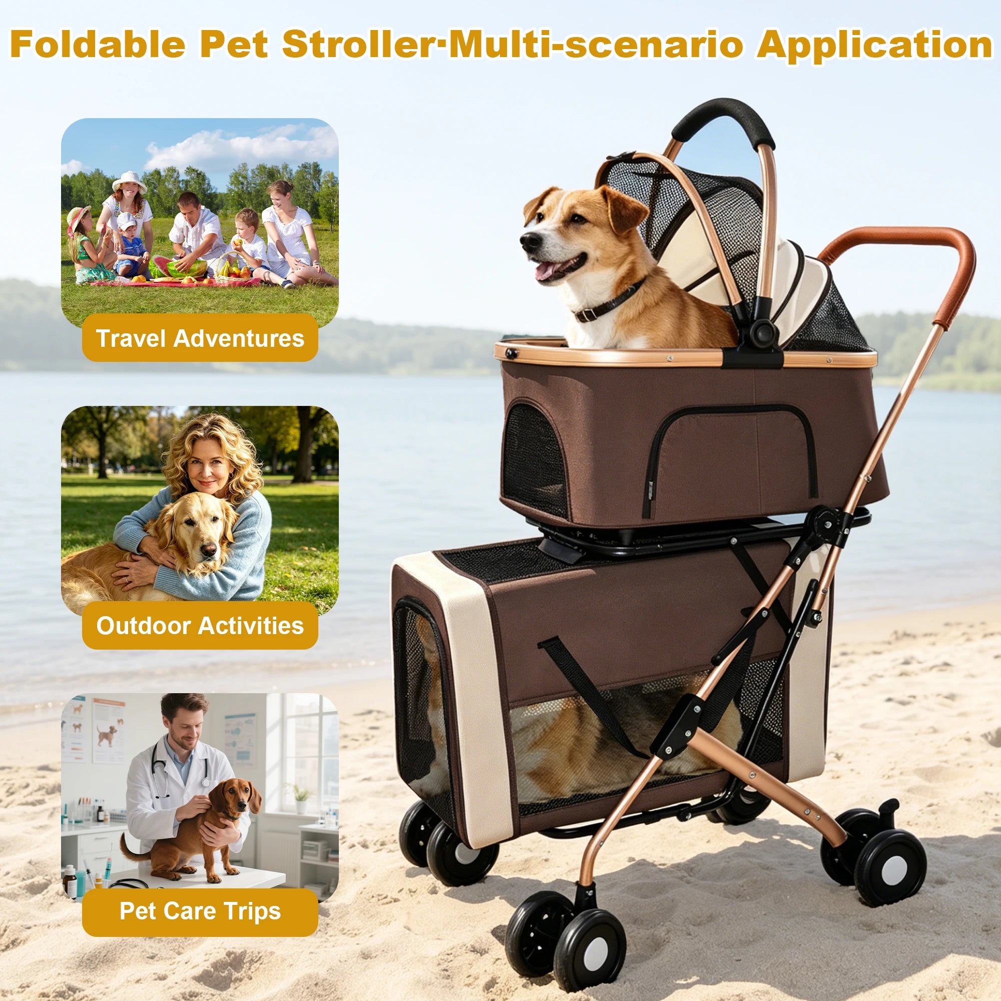 Double Pet Stroller for Dogs and Cats, Foldable Frame, 3-in-1 Convertible Carrier/Tote, Shockproof Wheels, Brake System, Fixed Safety Leashes for Small/Medium Pets in Multi-Pet Homes(Khaki)