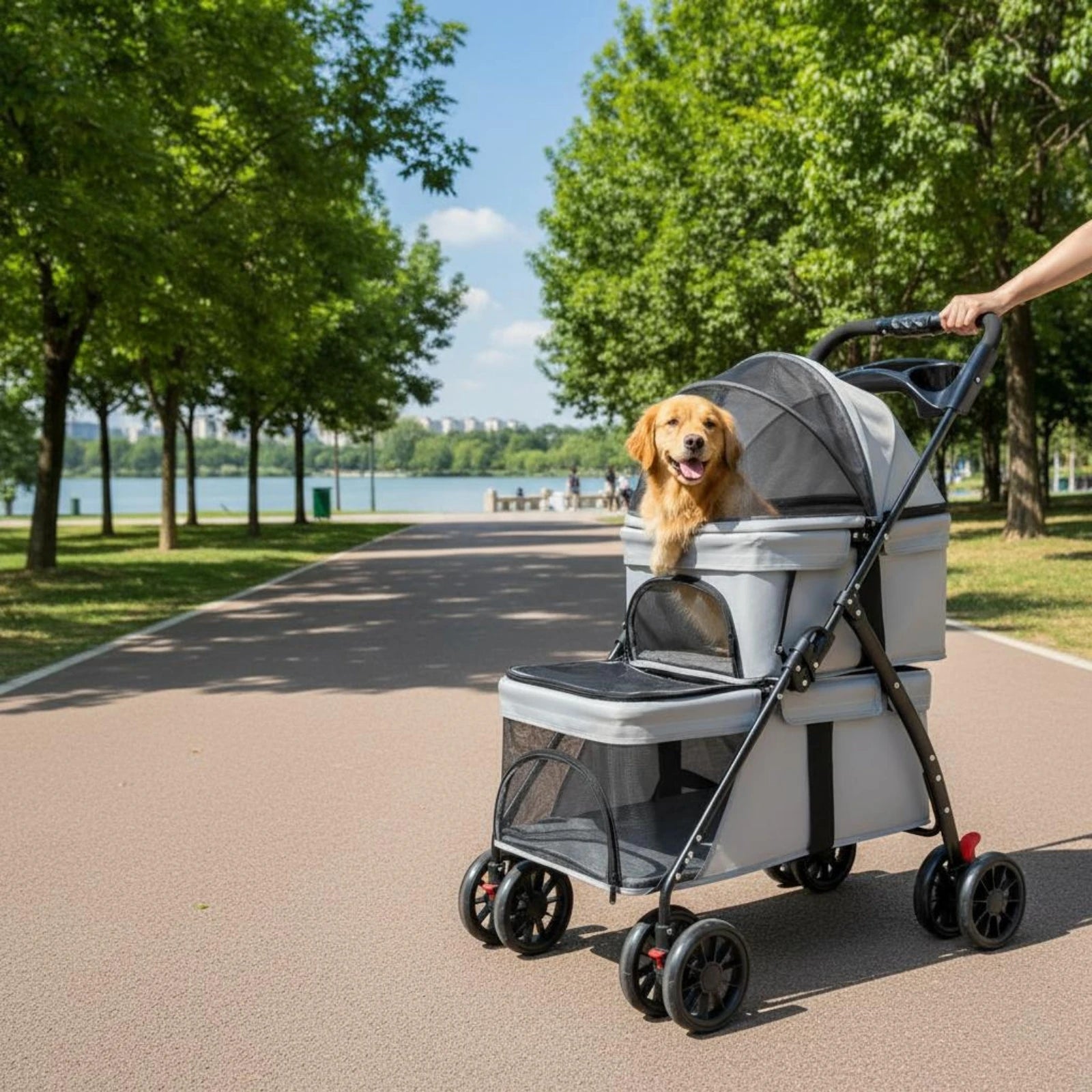Double-Deck Pet Stroller Lightweight Small Dog Feline Stroller Pet Transport Lockable Wheels Removable Liner for Travel