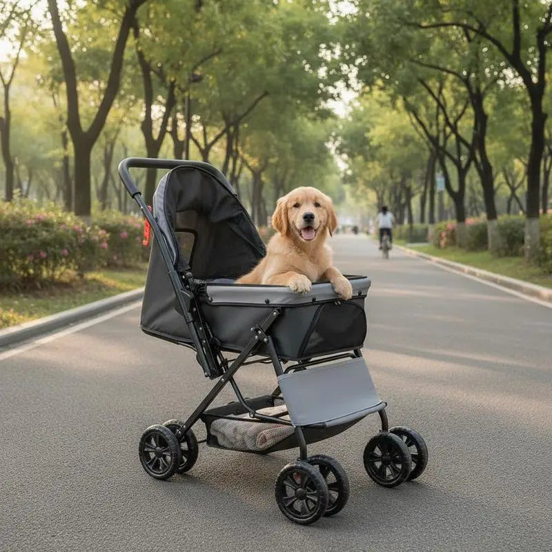 Pet Travel Carriage 44 lbs Capacity For Parks Shopping Trips Outdoor Walking, Foldable 4 Wheels Mesh Windows Reversible Handle, Portable Carrier Brake Mechanism Small Medium Pets