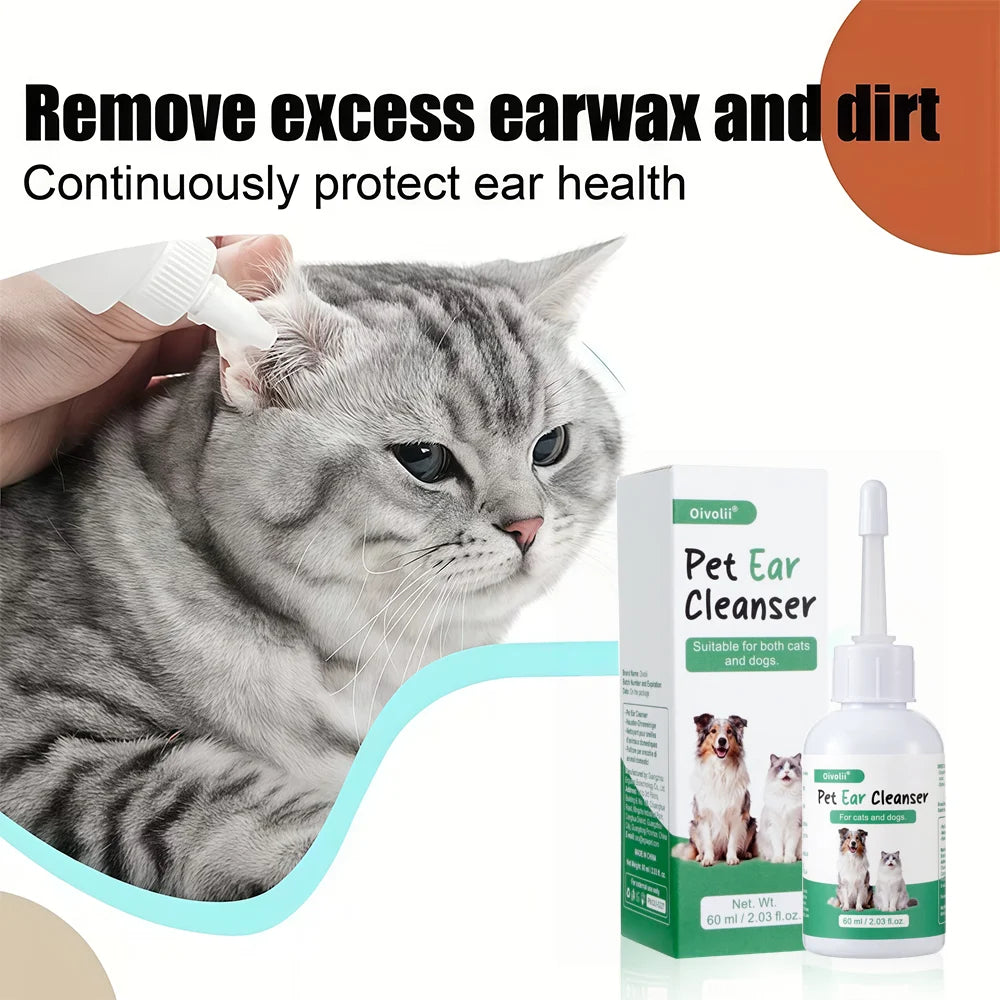 Pet Ear Drops 60ml Ultra-Soft Tip Ear Wash Cleaner for Dogs Cats - Gentle Wax Remover, Deodorizing Soothing Ear Hygiene Care