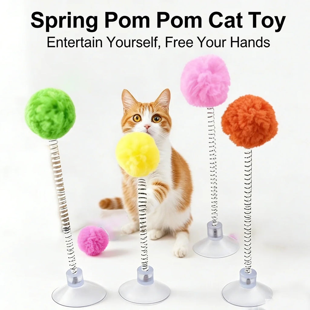 Suction Cup Cat Teaser Stick with Colorful Fur Ball Spring — Interactive Floor Toy for Cats