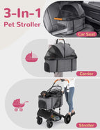 Travel for Small and Medium Dogs and Cats, 4 Wheels, Folding, Detachable Carrier, Breathable, Grey