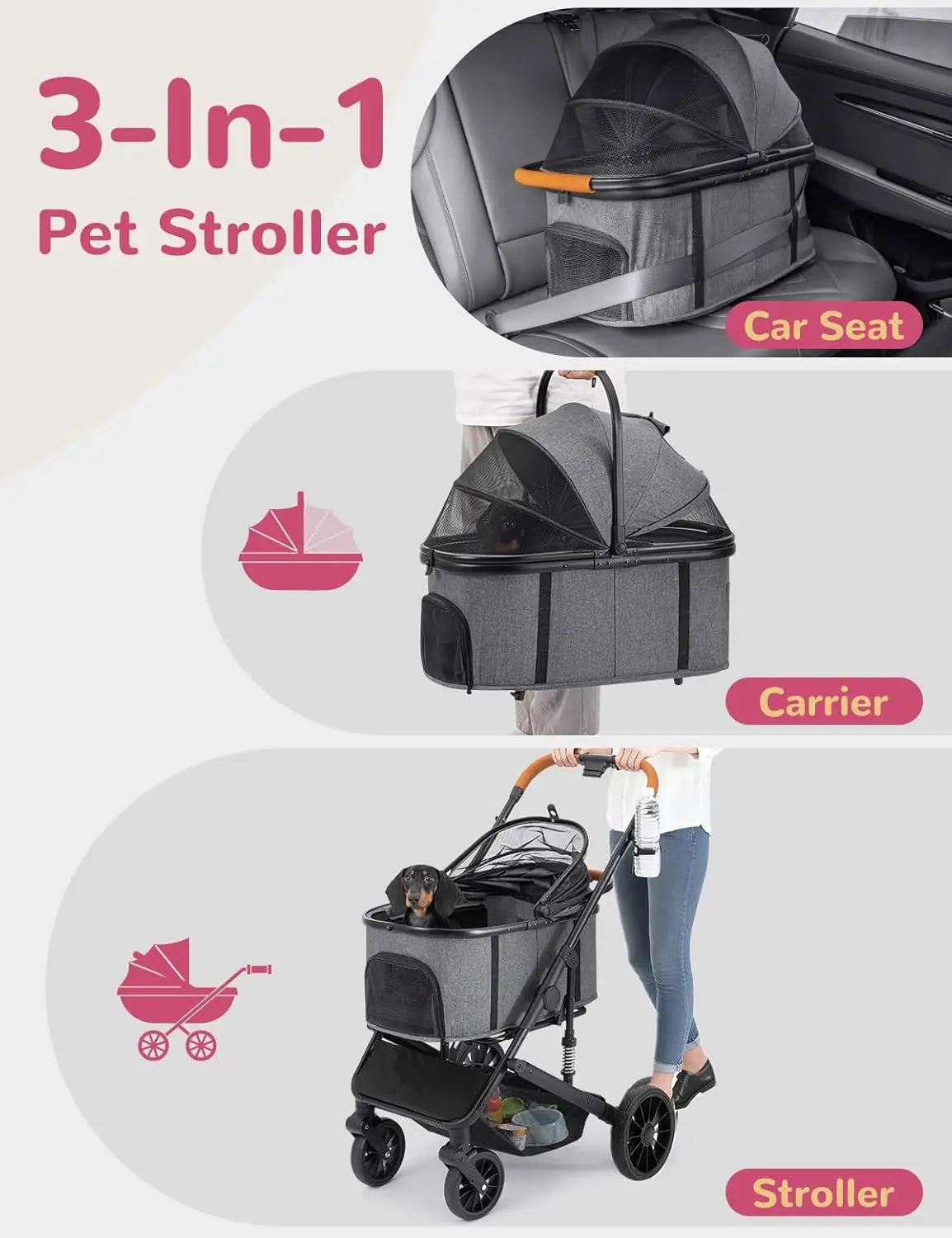 Travel for Small and Medium Dogs and Cats, 4 Wheels, Folding, Detachable Carrier, Breathable, Grey