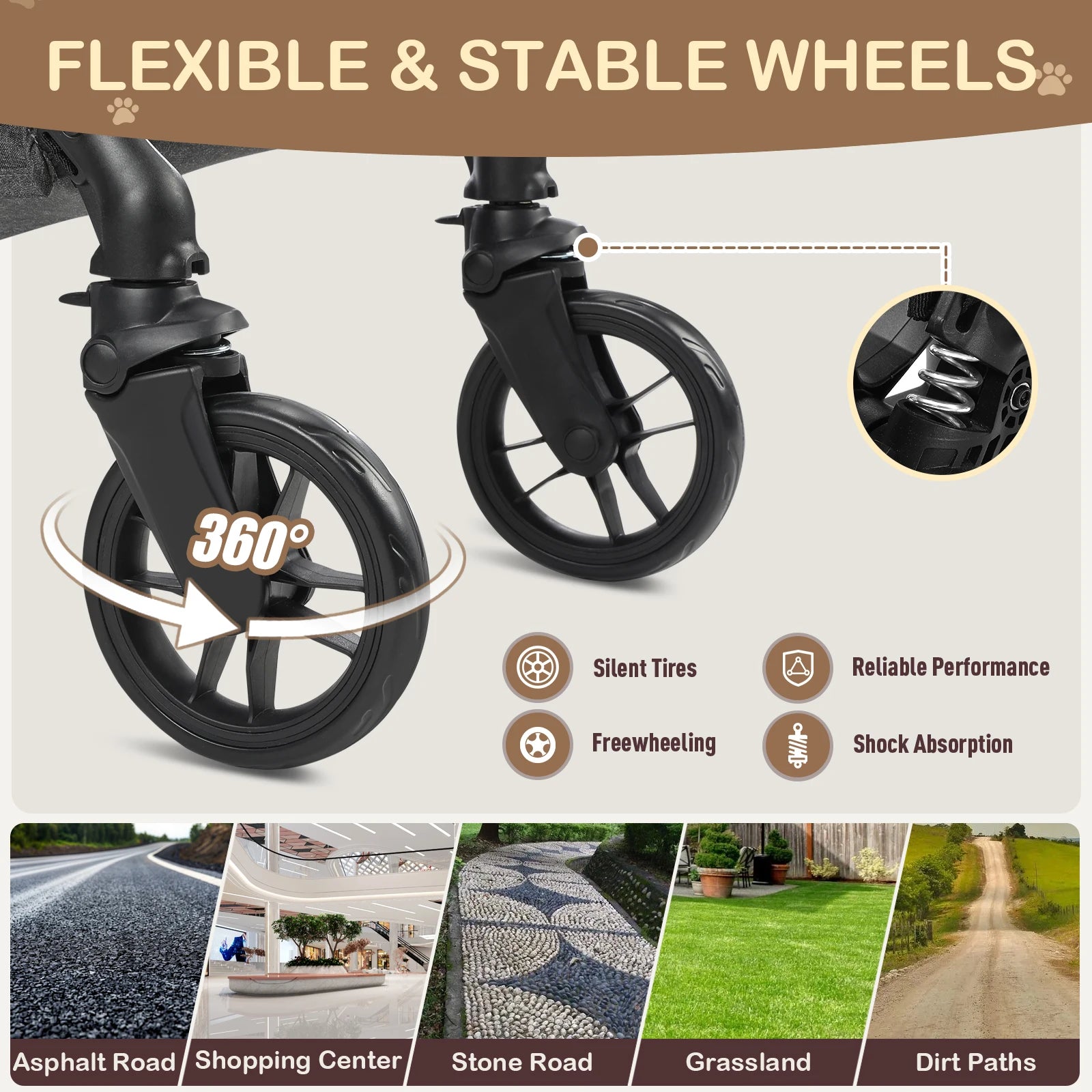 4-Wheel Pet Stroller with Detachable Carrier (Foldable, up to 50lbs)
