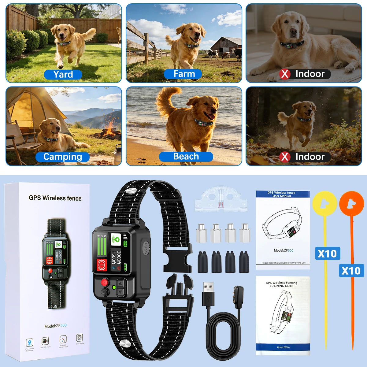 Orcleab IP67 Waterproof GPS Wireless Electric Fence System for Dogs - Adjustable Warning Strength for Outdoor Use