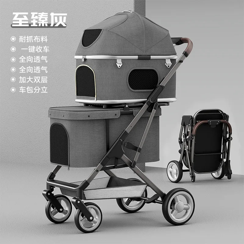 Double Layer Pet Stroller, Foldable Lightweight Dog Cat Carrier for Outdoor Travel, Portable Pet Carriage