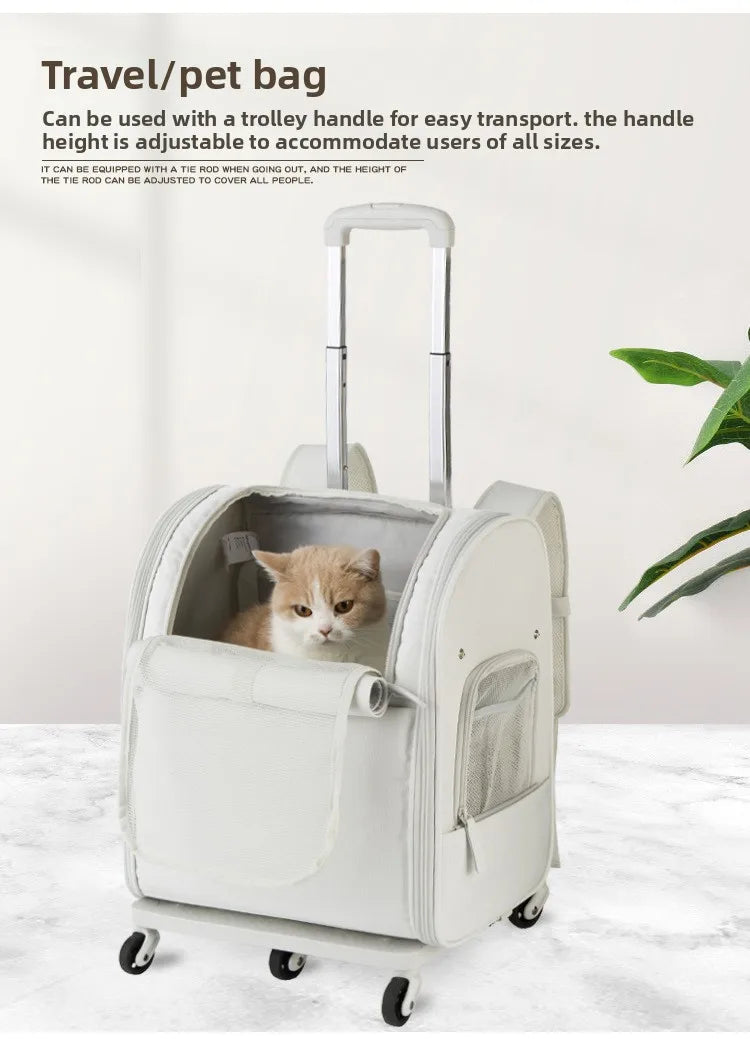 Pet Rolling Backpack Waterproof Oxford Double Shoulder Cat Carrier Foldable Safe House Dog Travel Bag