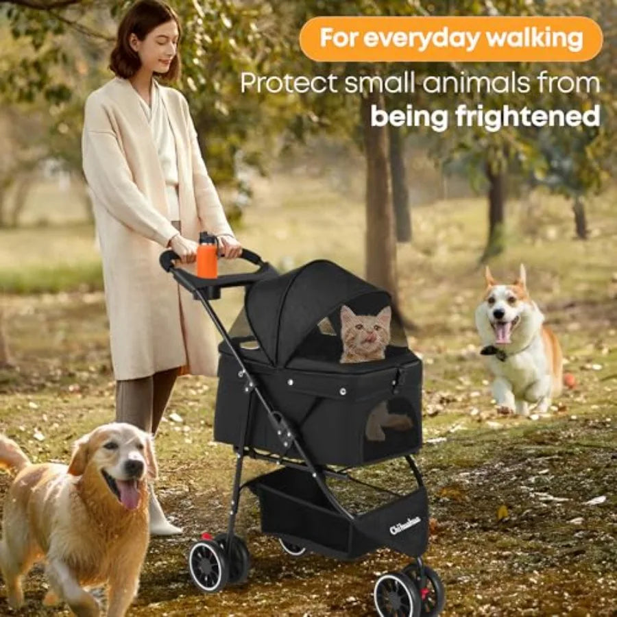 Pet Stroller, Dog Stroller for Small Medium Dogs Cats, 3 Wheels, Foldable, with Breathable Mesh Canopy, Cup Holders, Easy Assem
