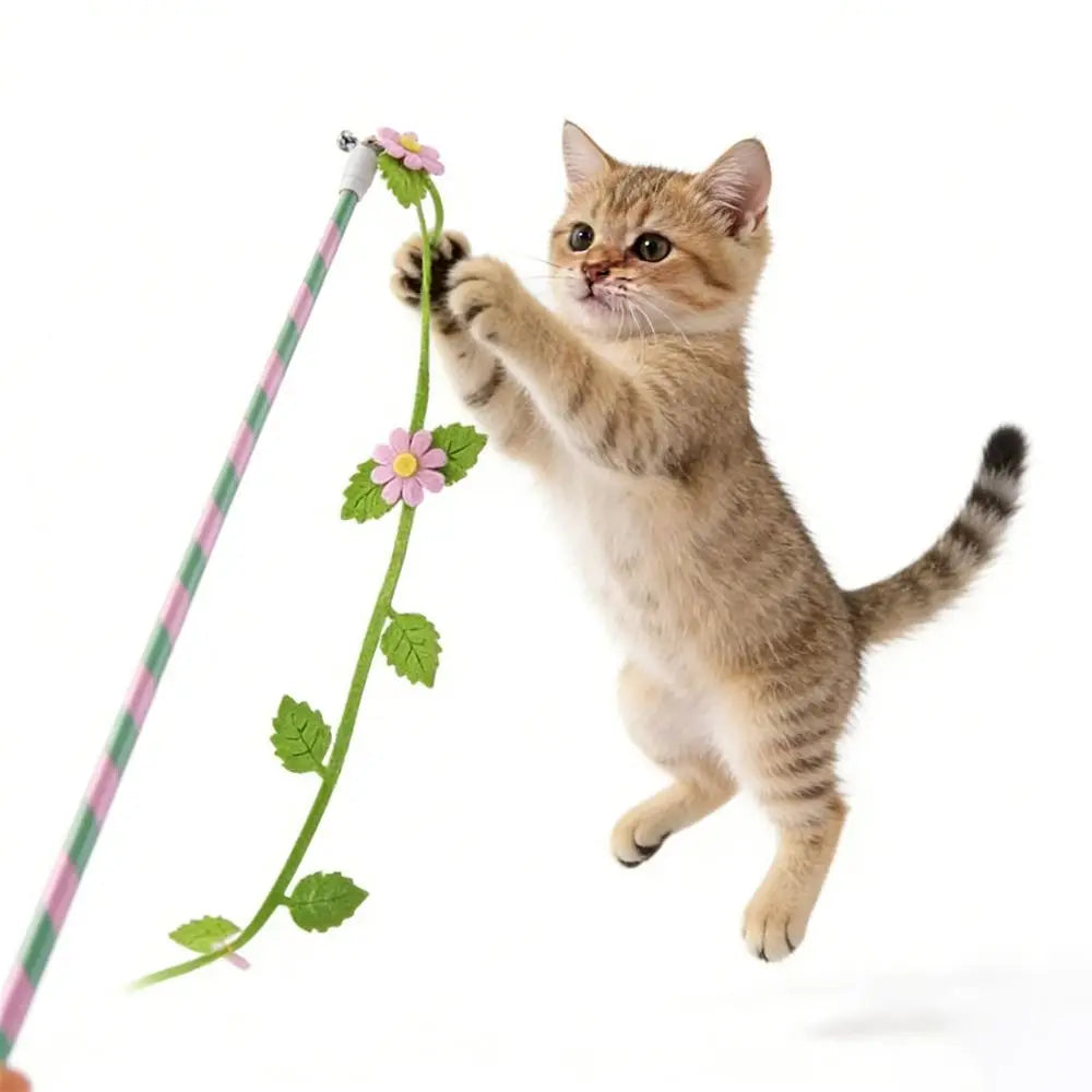 Felt Flower & Leaf Cat Teaser Wand Stick — Creative Long Interactive Kitten Play Toy
