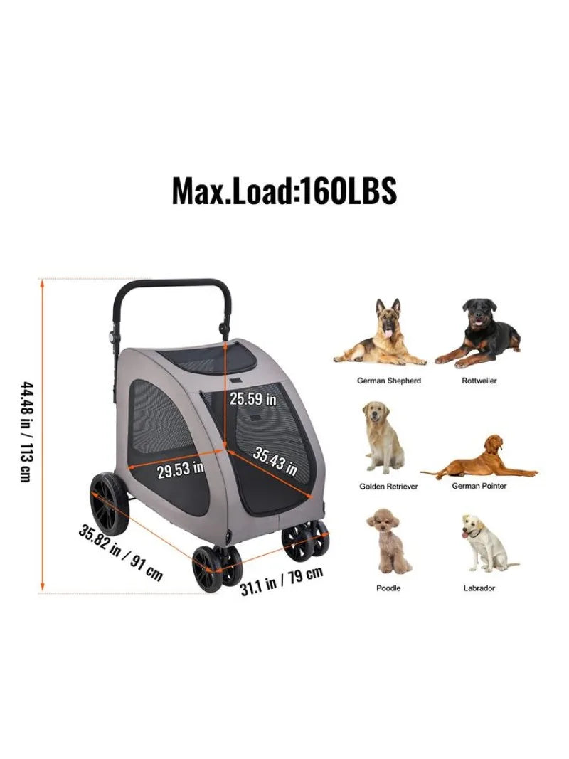 Pet Stroller 4-Wheels Dog Stroller Carrier 160lbs Weight Capacity Portable