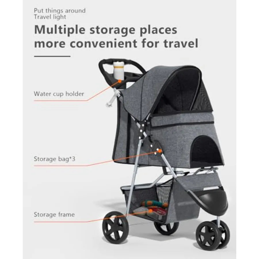 OS MOTOR Pet Stroller with 3 Wheels for Small/Medium Pets, Portable Travel Foldable Carrier Jogger for Dog Cat Puppy Kitty, Rea