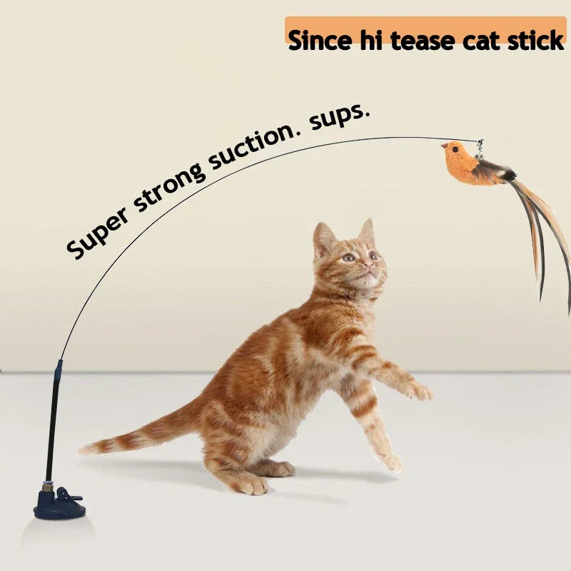 Simulated Bird Feather Cat Teaser Stick with Epoxy Sucker & Steel Wire Rod
