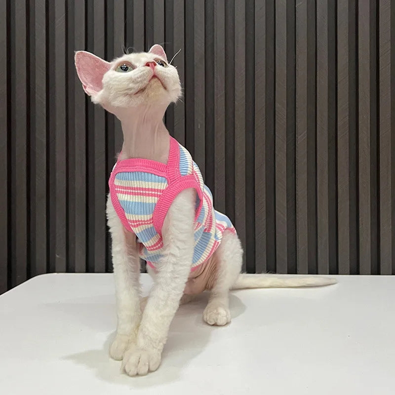 Striped Sleeveless Cat T-Shirt Vest — Stretchy Soft Breathable Kitten Tank Top Pet Clothes
