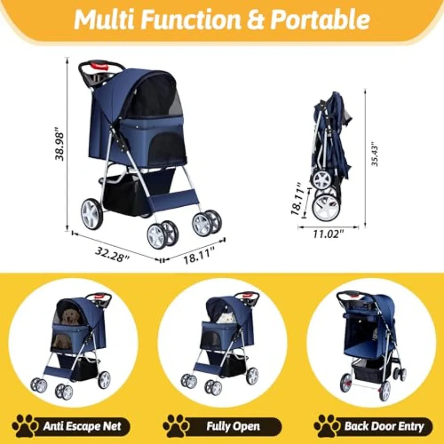 Pet Stroller, 4 Wheels Pet Strolling Cart for Medium/Small Dogs and Cats, Foldable Cat Jogger/Dog Stroller with Cup Holder, Sto