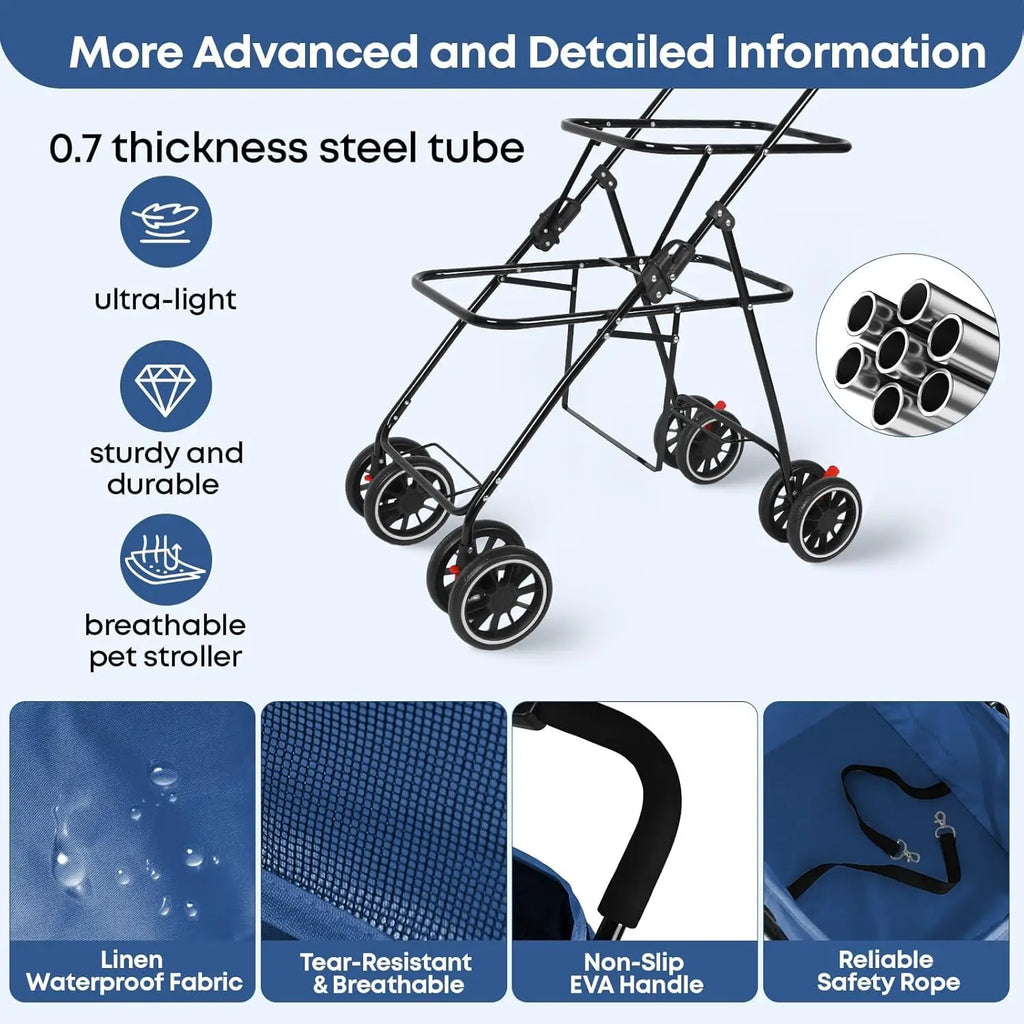 Double Pet Stroller for 2 Dogs or Cats, Lightweight Folding, 4 Lockable Wheels, Navy Blue