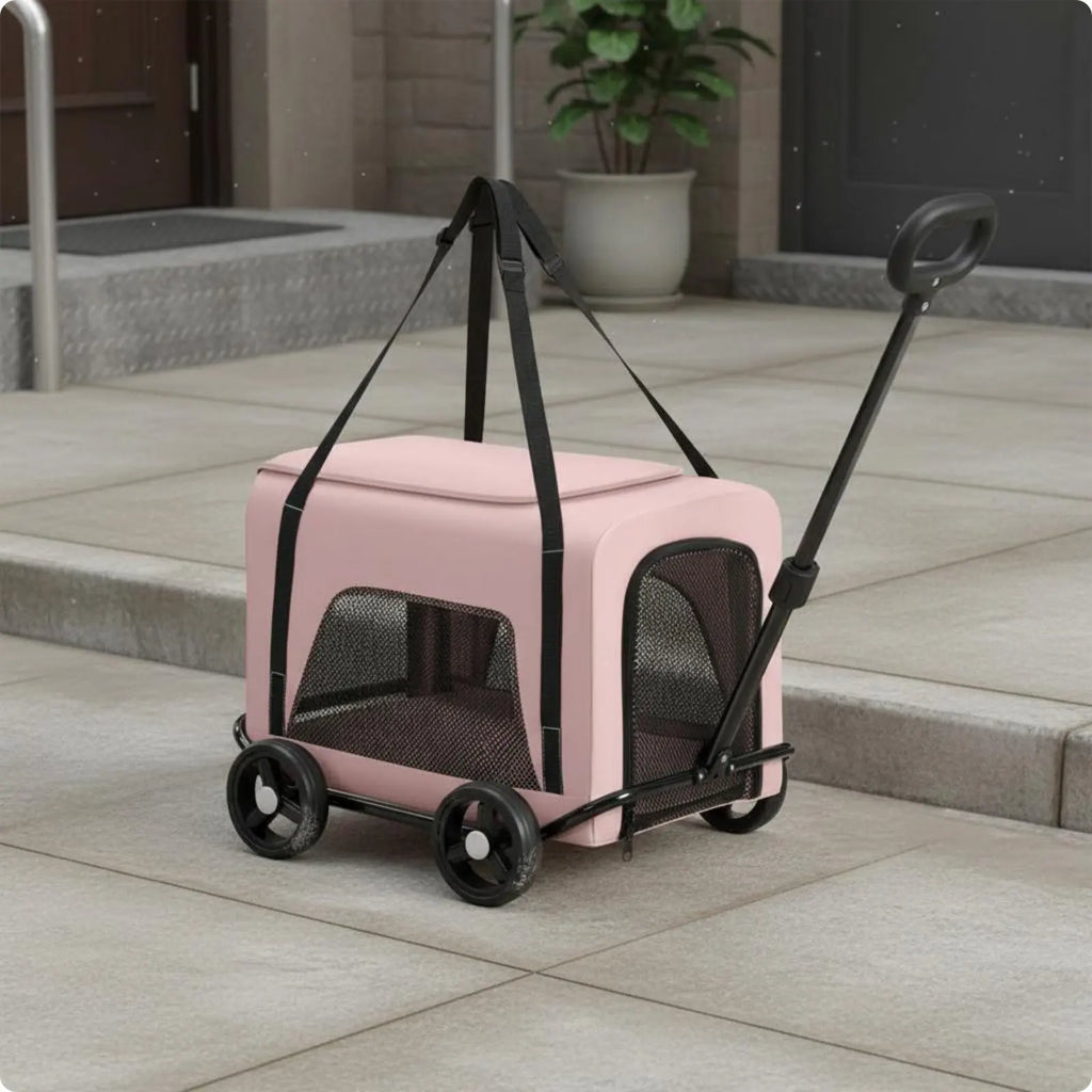 Foldable Pet Stroller Breathable Mesh Small Dog Feline Trolley Bag Pet Trolley Carrier Telescoping Handle Feline Rolling Carrier