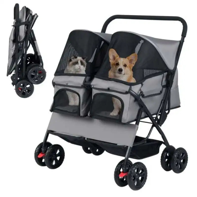 Foldable Double Pet Stroller with Adjustable Sunshade Storage Basket and Pet Travel Accessories for Dogs Cats Small Animals