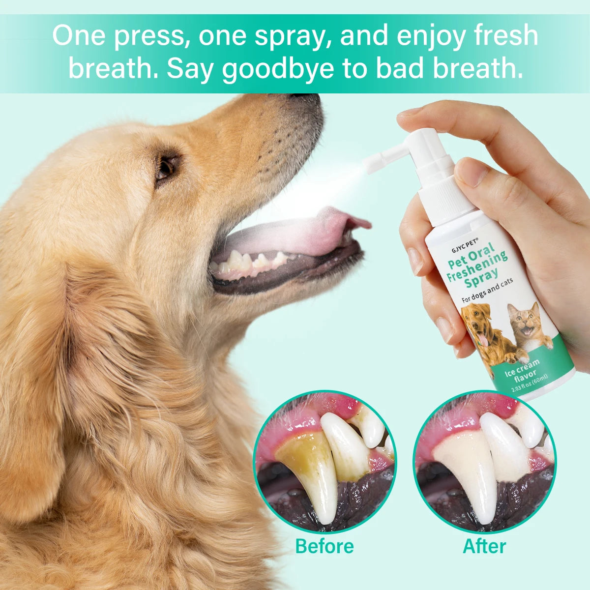 Pet Fresh Breath Spray No-Brush Oral Care Tartar Plaque Remover Plant-Based Gentle Non-Irritating for Dogs Cats Dental Hygiene