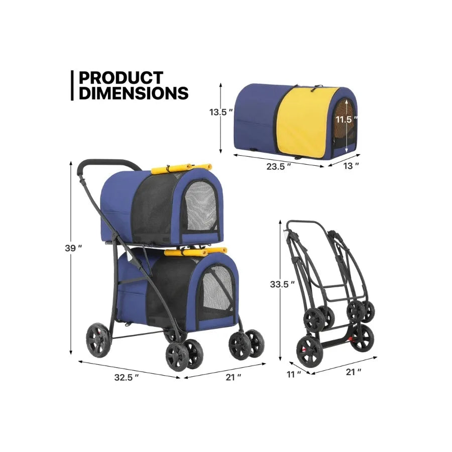 【New style】MoNiBloom Double Dog Stroller With Detachable Carrier Bags Large 4 Wheels Foldable Jogger For Rabbit Bunny Dogs Cats