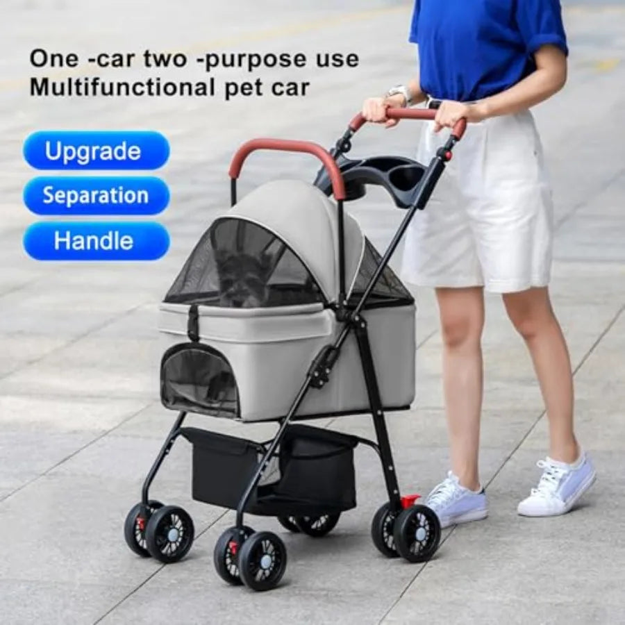 Pet Stroller for Medium Small Dogs/Cats - 4 Wheels Foldable Dog Stroller with Storage Basket, Dog/Cat Carrier, Adjustable Handl