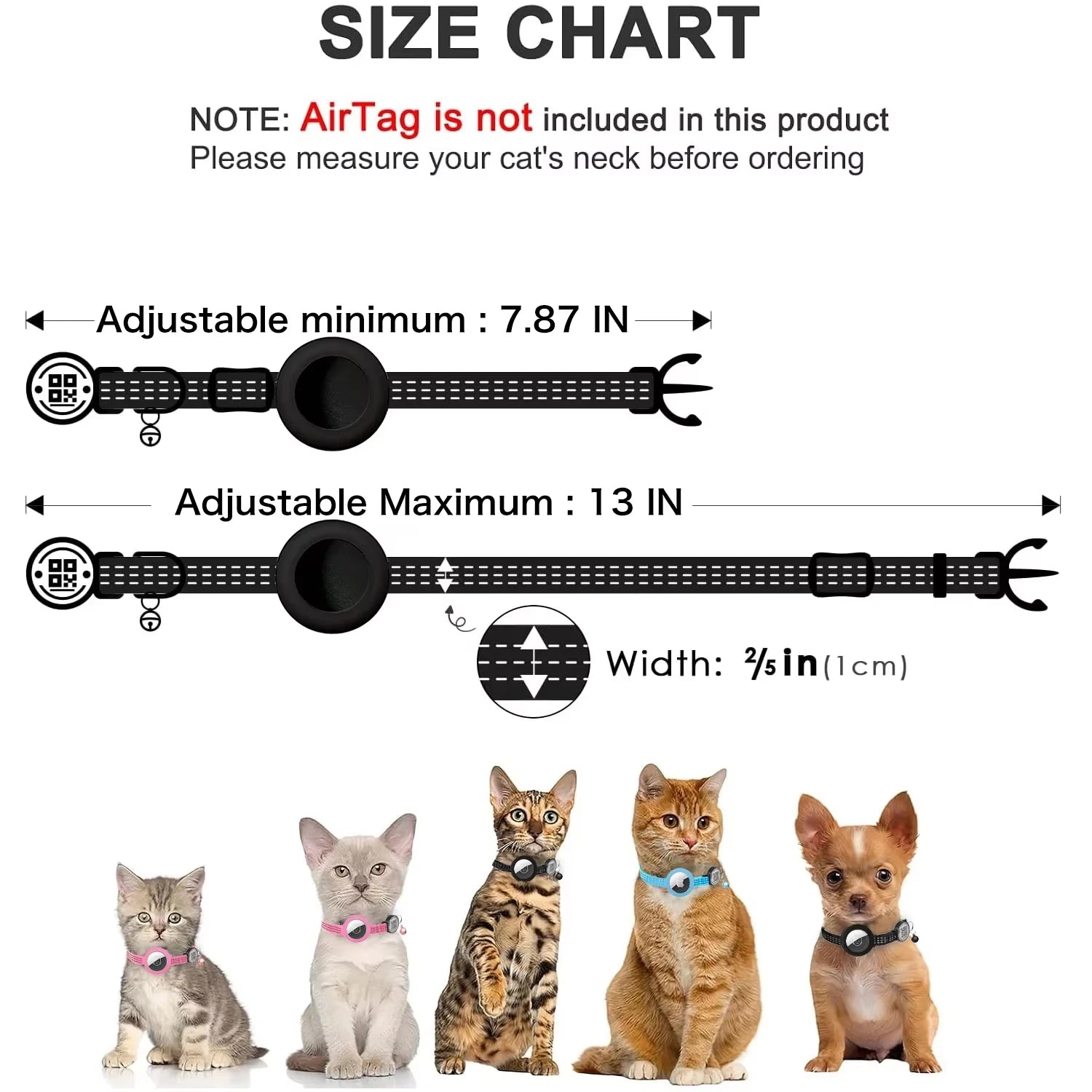 AirTag Cat Collar with Reflective Strip & QR Tag — Adjustable Kitten Collar with Air Tag Holder