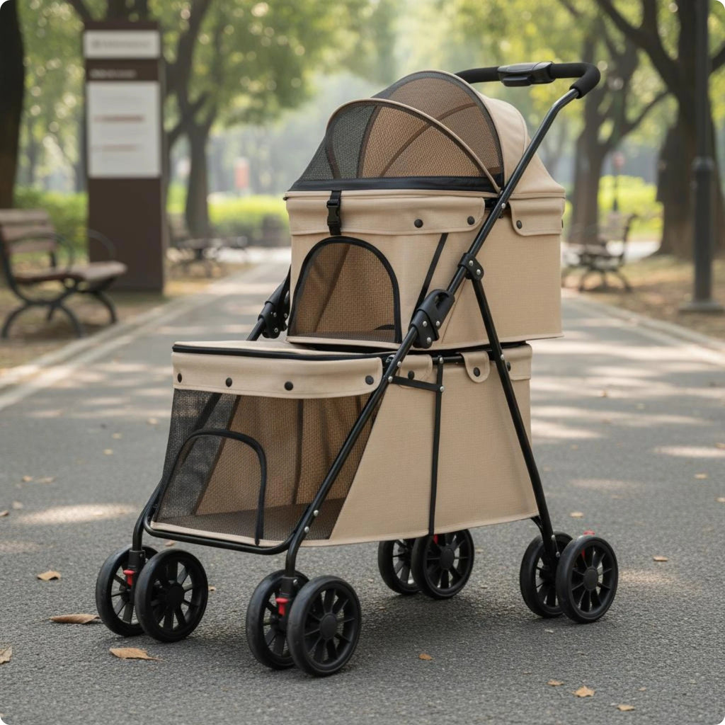 Double Layer Dog Feline Stroller Easy to Fold Double Deck Pet Stroller Large Space for Outdoor, Travel
