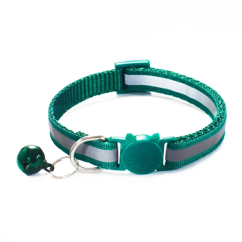 Reflective Cat Head Pattern Cat Collar with Bell — Adjustable Decorative Kitten Neck Strap