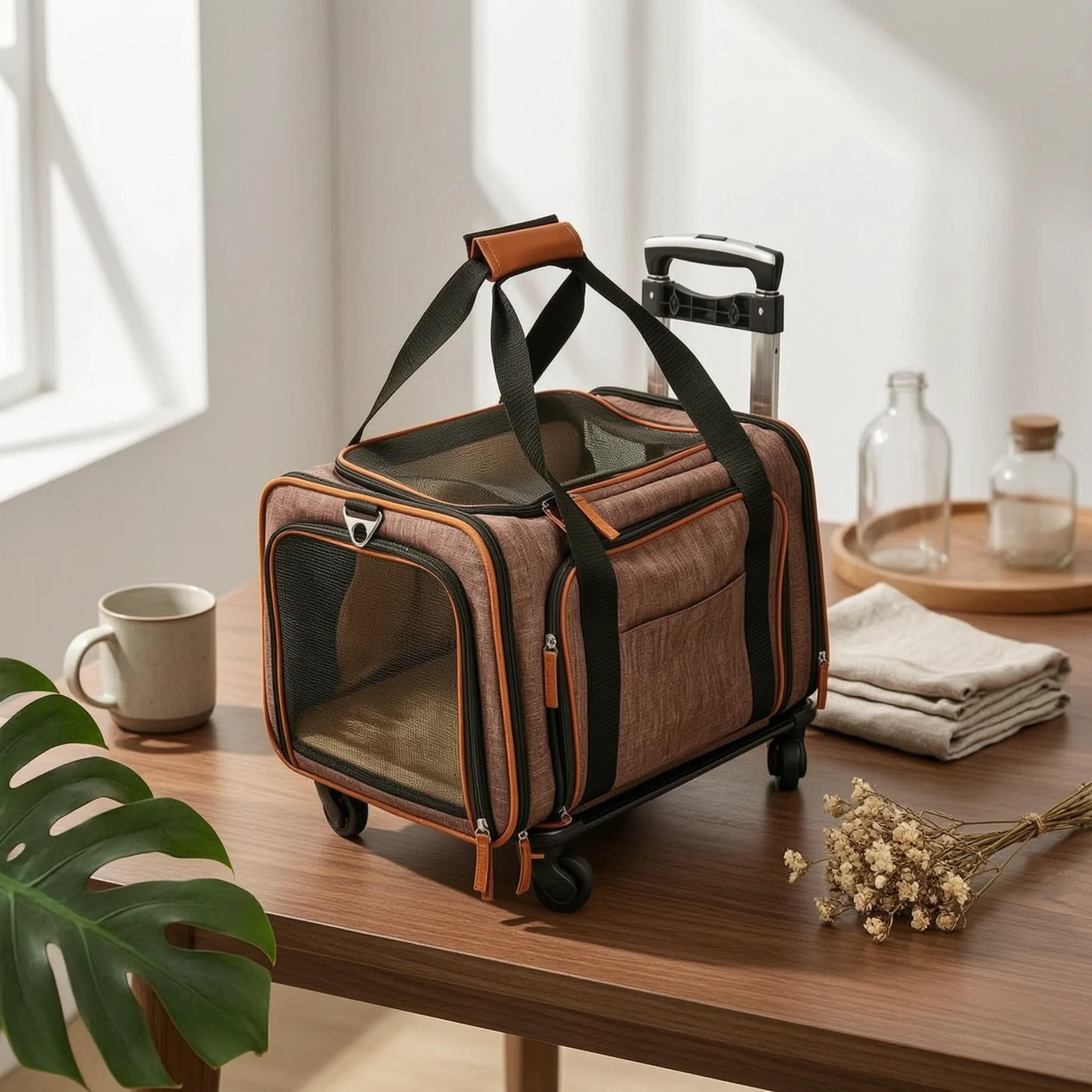 Mesh Ventilation Rolling Pet Carrier Soft-sided Animal Carrier Breathable Mesh Windows Pet Supplies for Travel Errands