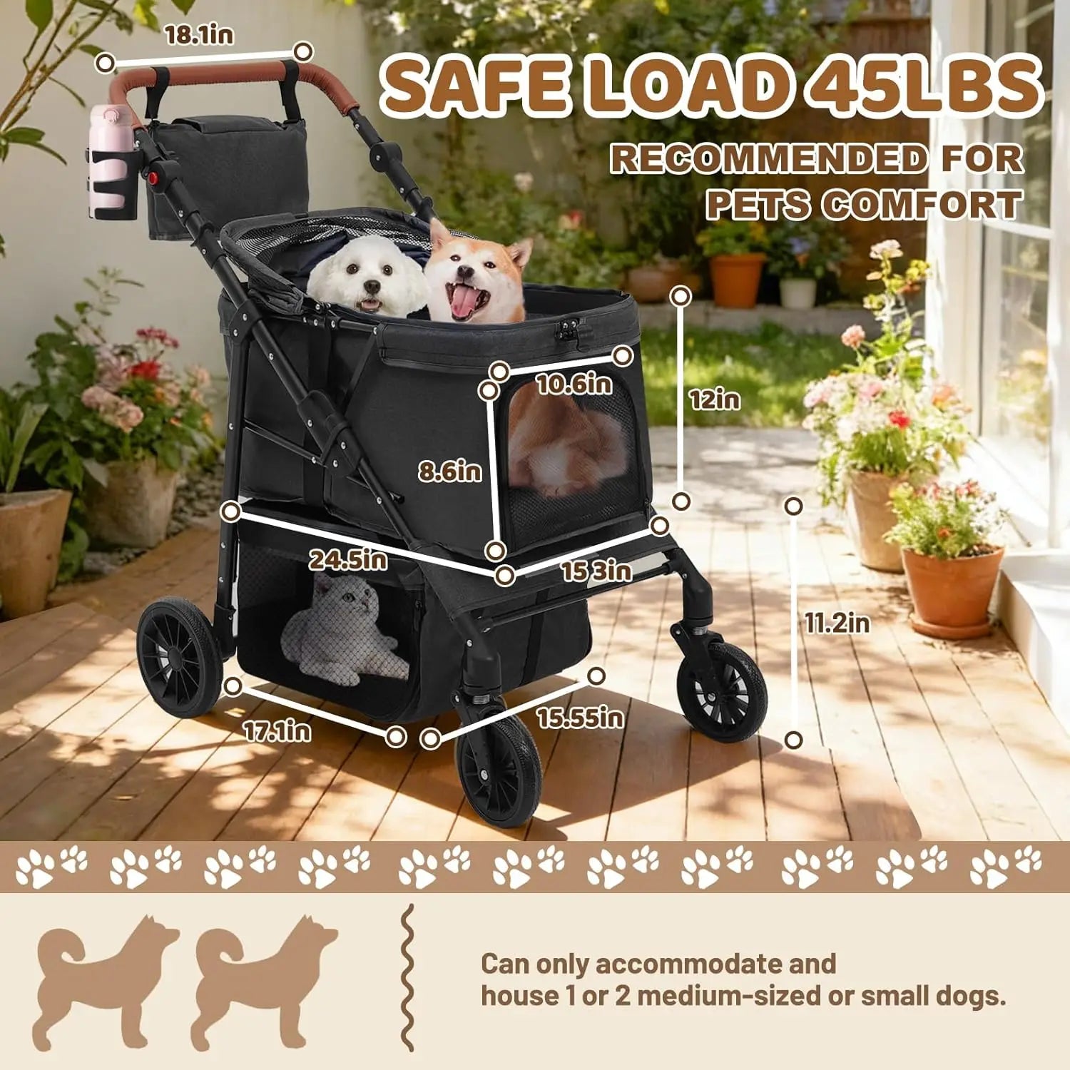All-Terrain 4-Wheel Pet Stroller for 2 Small Dogs, Adjustable Handle, Canopy, Cup Holder, Black