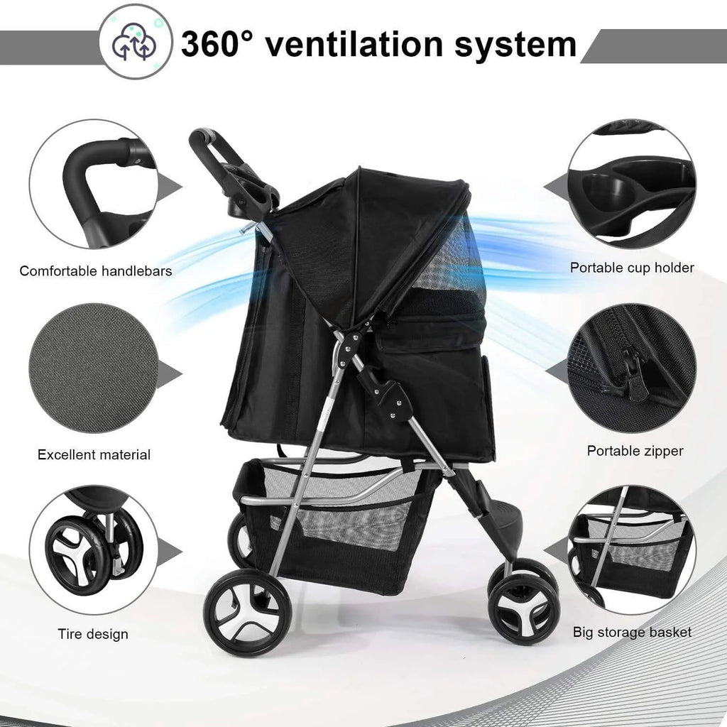 Beyondgoing Adjustable Waterproof Foldable 3-Wheel Pet Stroller For Cats Dogs With Removable Cage Carrier