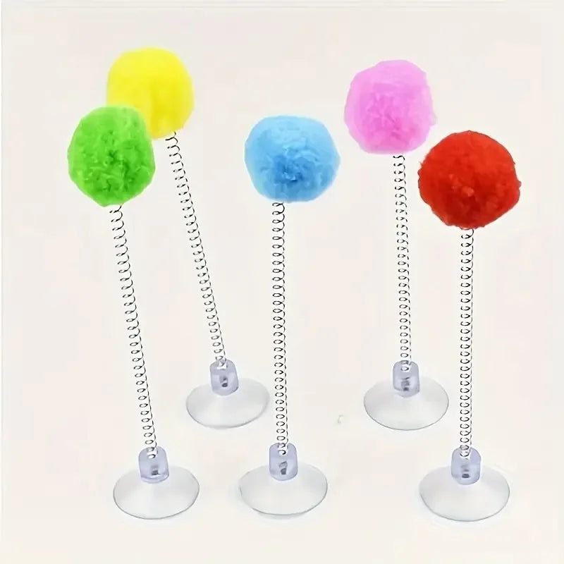 Suction Cup Cat Teaser Stick with Colorful Fur Ball Spring — Interactive Floor Toy for Cats