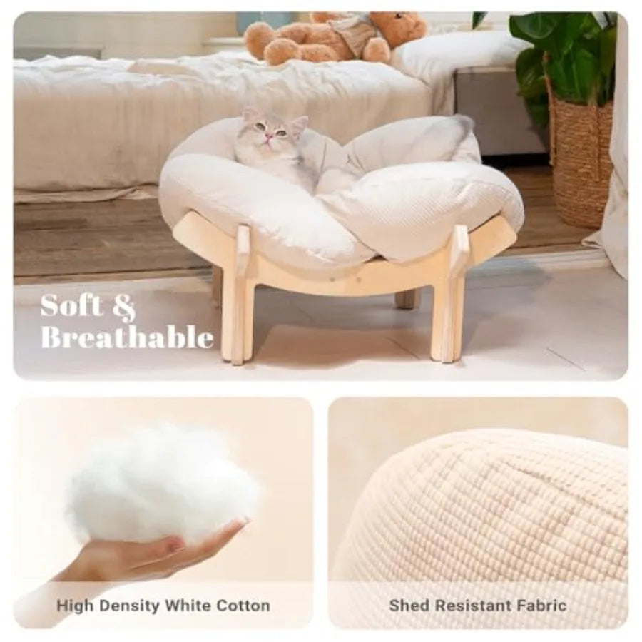 Elevated Wooden Cat Bed with Cushion for Indoor Cats & Small Dogs