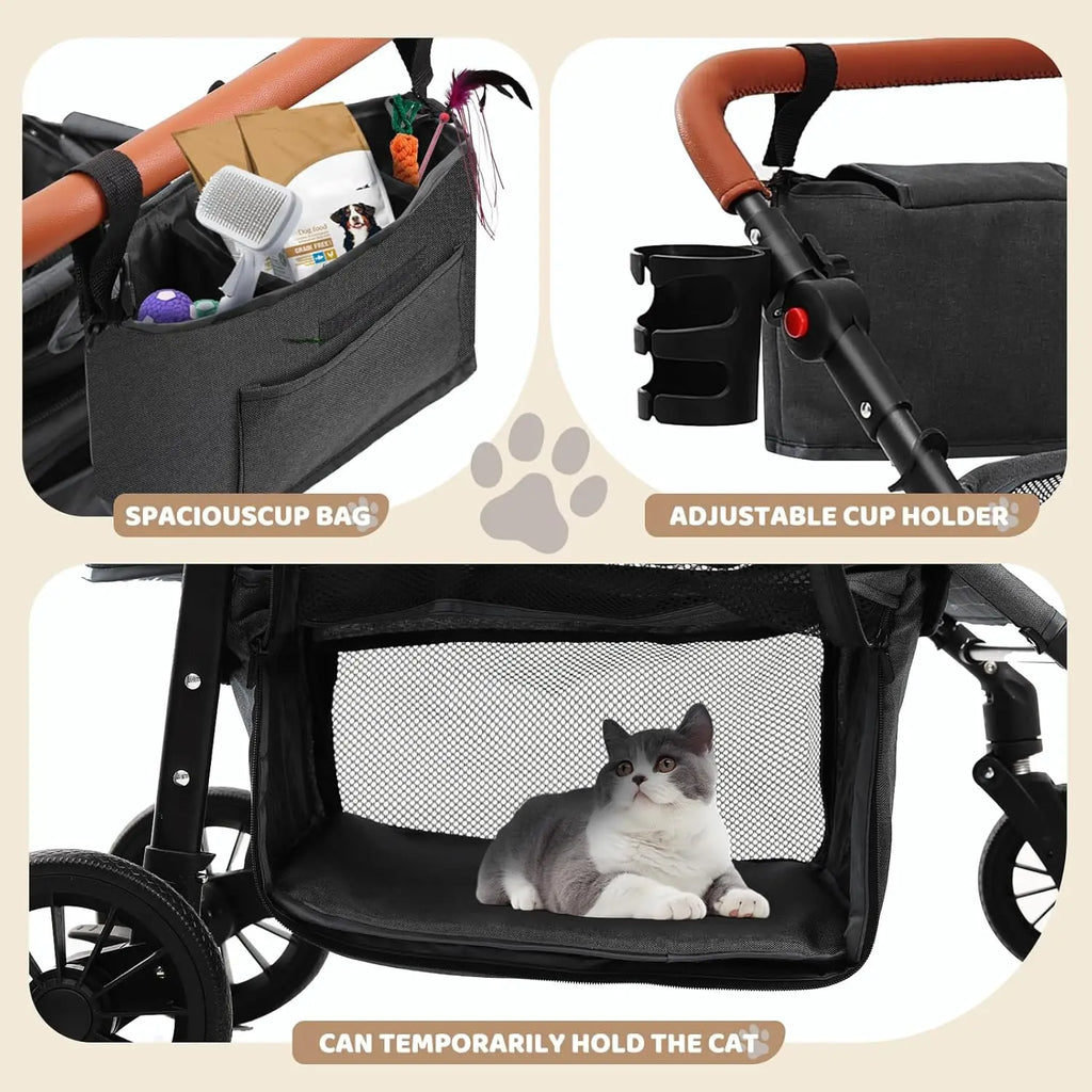 All-Terrain 4-Wheel Pet Stroller for 2 Small Dogs, Adjustable Handle, Canopy, Cup Holder, Black