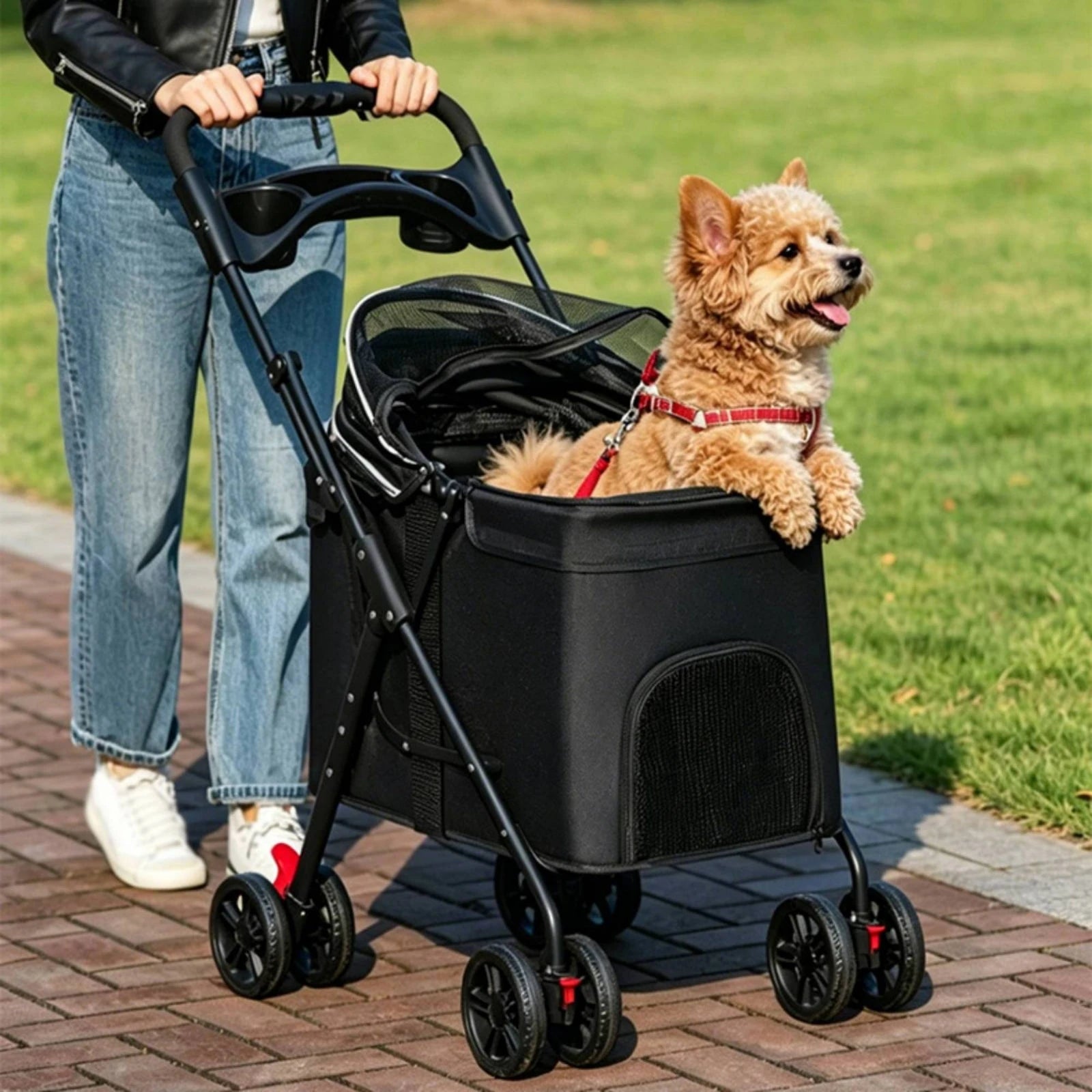 Foldable Pet Stroller Carrier Wheeled Mesh Pet Stroller