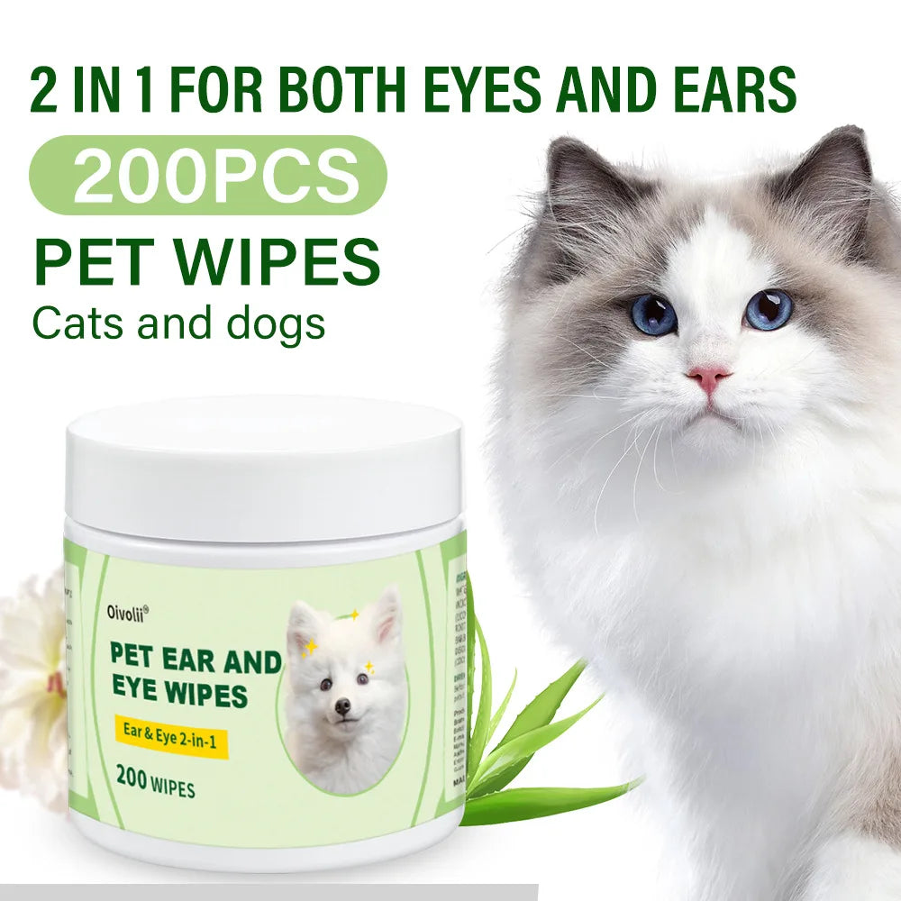 2-in-1 Pet Ear and Eye Wipes, 200 Count Mild Formula,Gentle Cleaning for Dogs and Cats Mite Removal Cat and Dog Ear Eye Cleaning