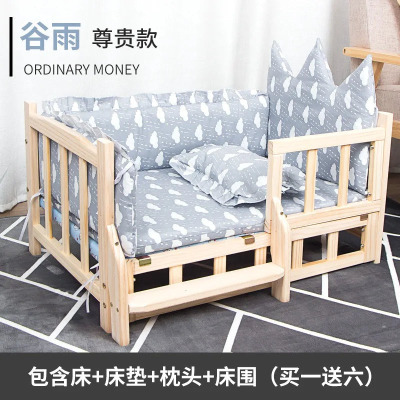 Elevated Solid Wood Pet Bed, All-Season Washable Cover