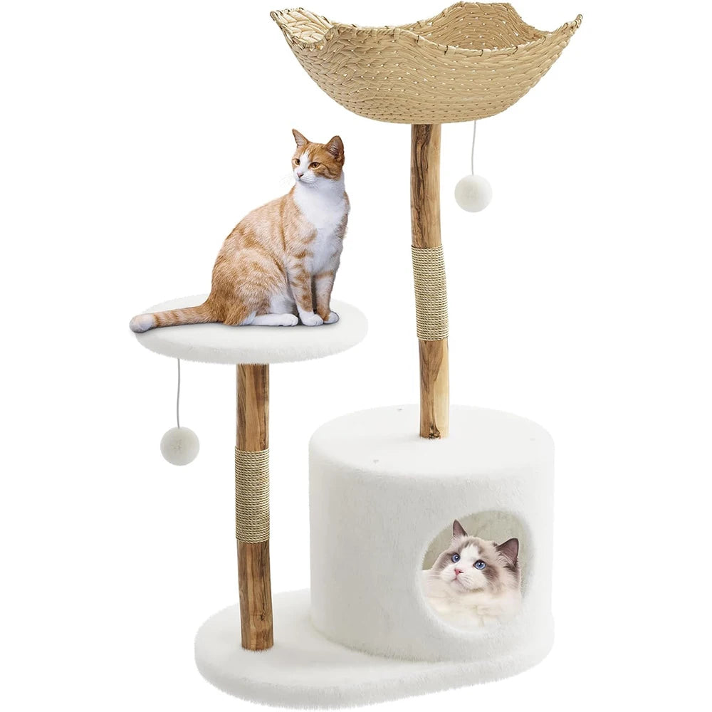 Real Wood Modern Cat Tree Tower with Wicker Condo & Scratching Post