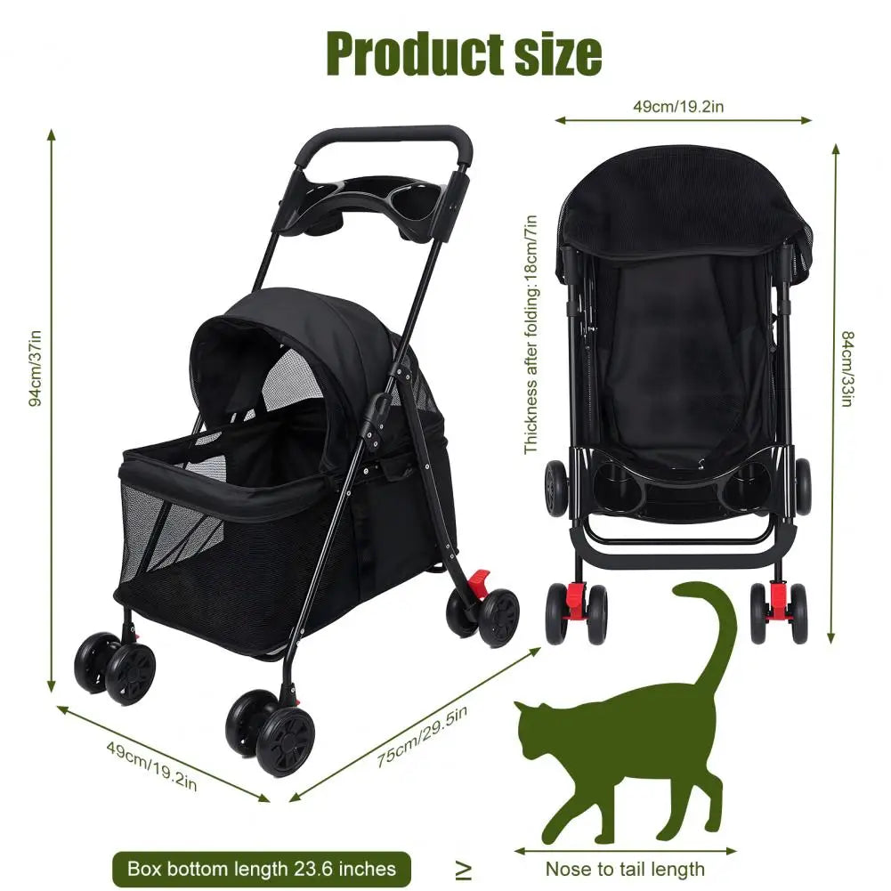 4 Wheels Dog Cat Stroller Outdoor Travel Pet Folding Stroller Dog Cat Cage Stroller Cup Holder Window For Medium Small Dog