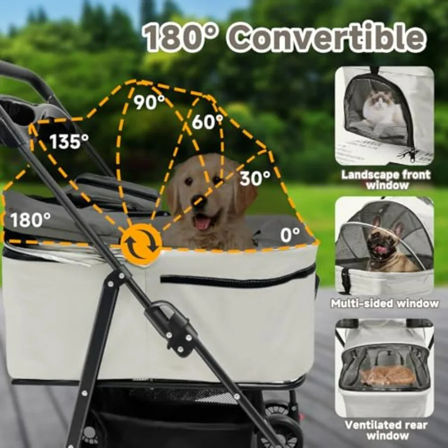 Pet Stroller for Small Dogs and Cats with 4 Wheels, 3 in 1 Foldable Dog Stroller with Detachable Carrier, Breathable Mesh, Stor