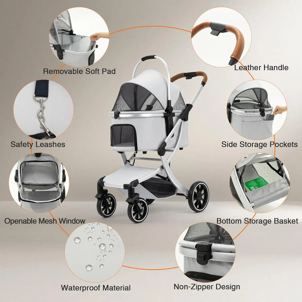 Pet Travel: 3 - in - 1 Foldable Stroller with Detachable Carrier, Storage Basket and Pet Pad, Safe for Outings, Khaki
