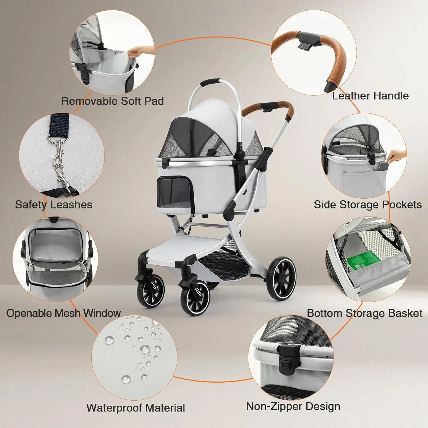 Pet Travel: 3 - in - 1 Foldable Stroller with Detachable Carrier, Storage Basket and Pet Pad, Safe for Outings, Khaki